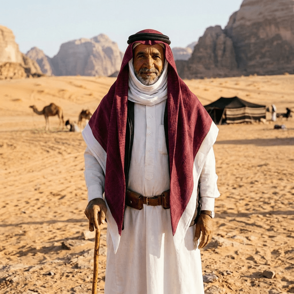 Bedouin man wearing a white robe and red keffiyeh standing in sandy desert with camels and tent behind
