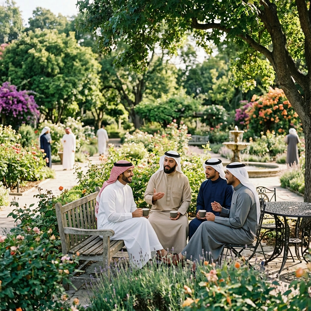Four friends sitting outdoors in a garden, holding coffee cups and talking