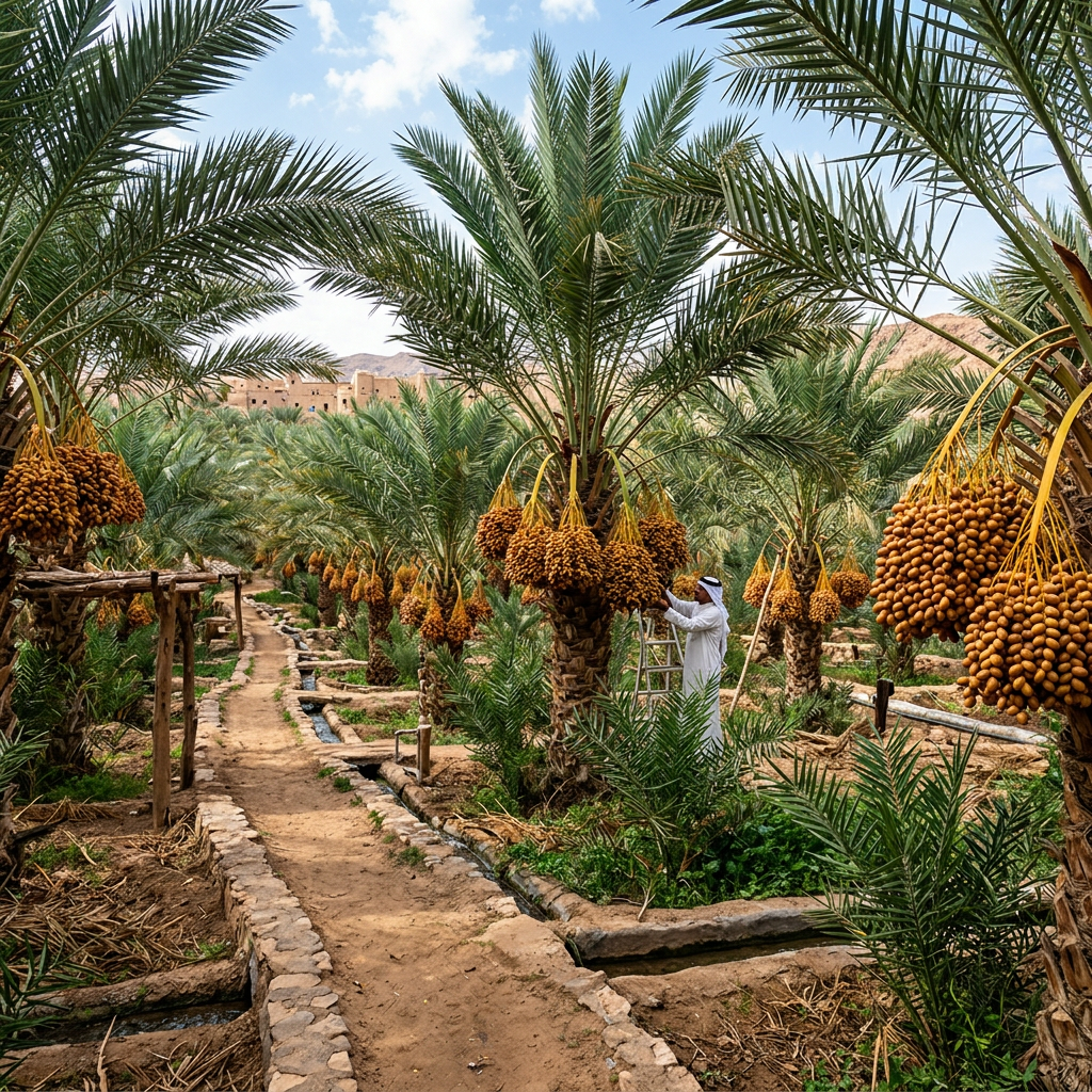 Man in traditional clothing picking ripe dates from palm trees in an oasis