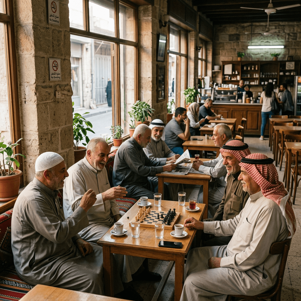 Elderly men playing chess and drinking coffee in a traditional Middle Eastern café with stone walls and large windows.