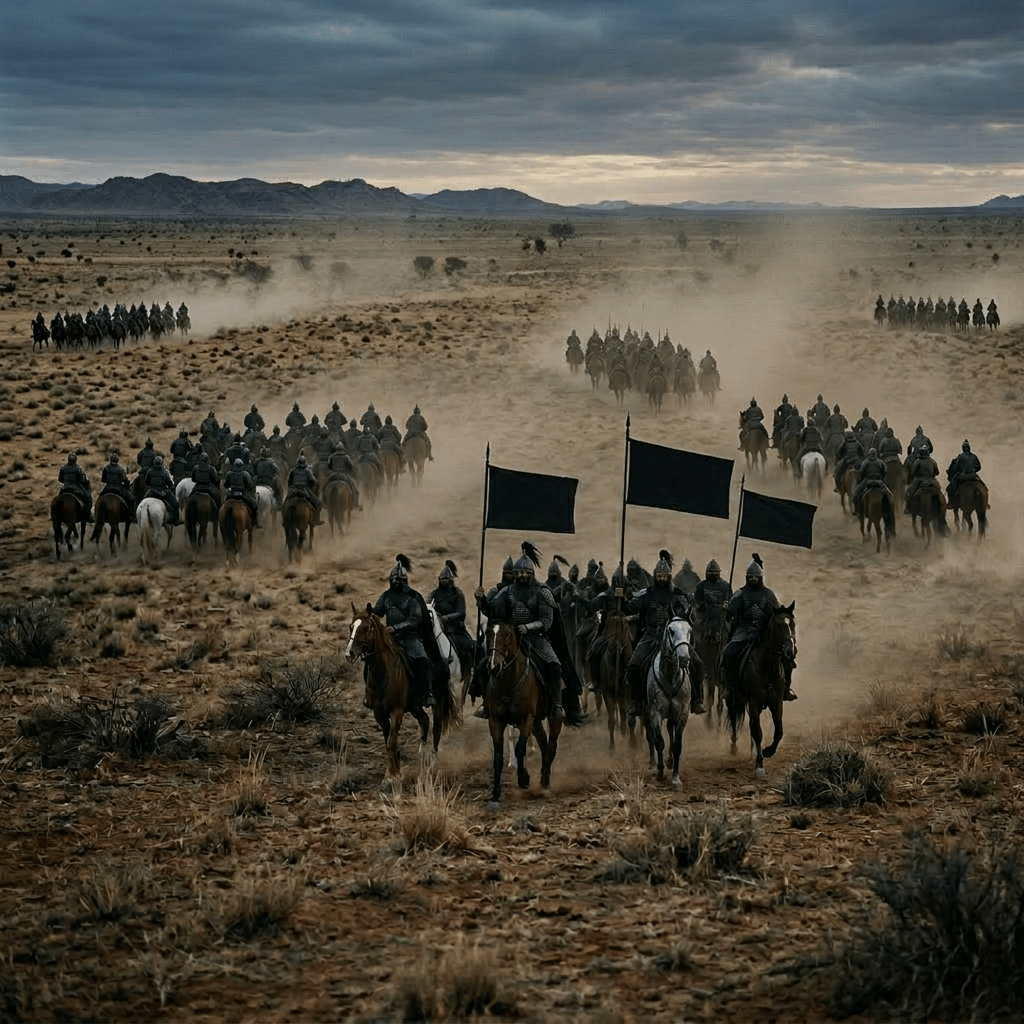 Medieval knights in armor riding horses with black flags in a desert setting