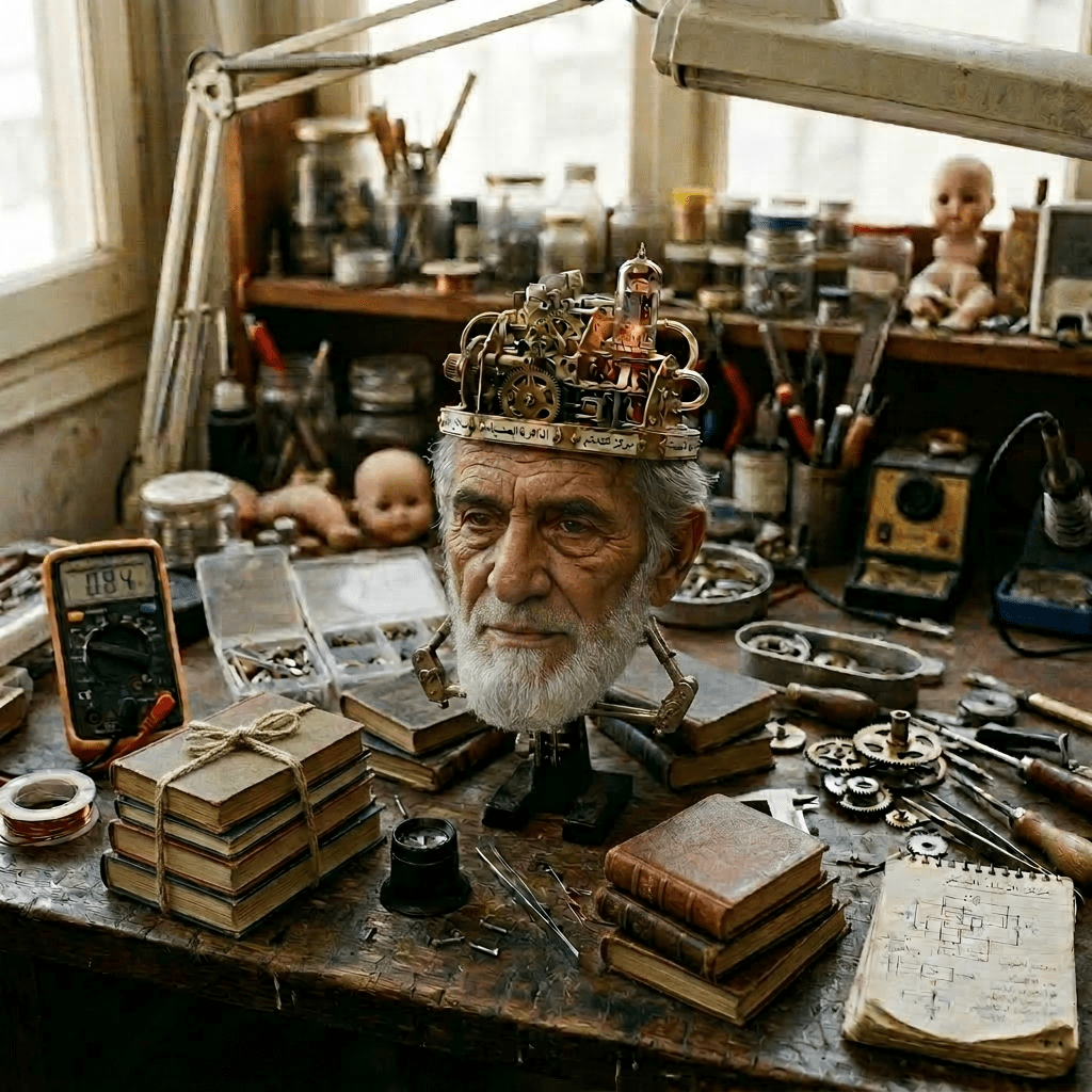 Vintage doll head with mechanical crown featuring gears and a glowing tube in a cluttered workshop